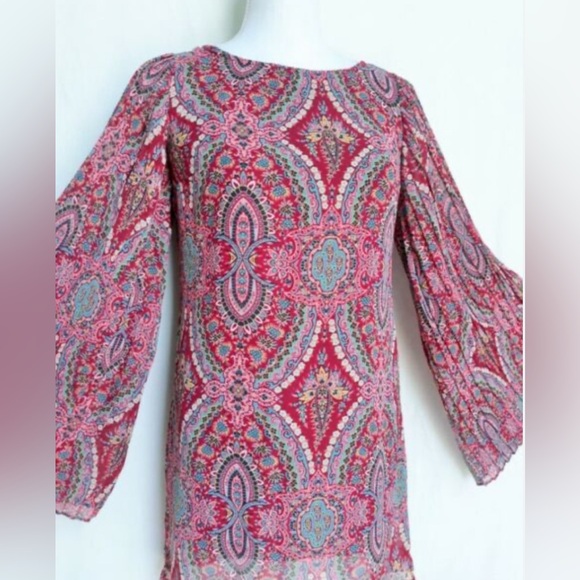 NWT FIRE Los Angeles Dress Womens XS Red Floral Boho Flare Sleeves Groovy $110 - Picture 1 of 7